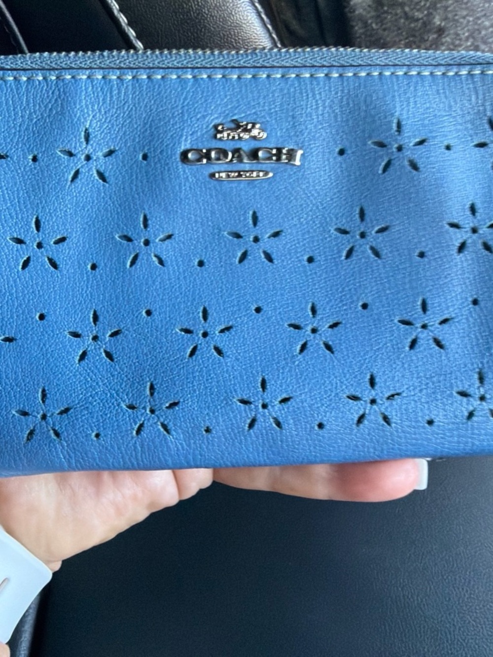 Coach Blue Perforated Floral Leather Wristlet